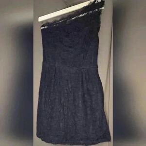 Women's/teen lace off the shoulder one strap Navy blue short dress with pockets.
